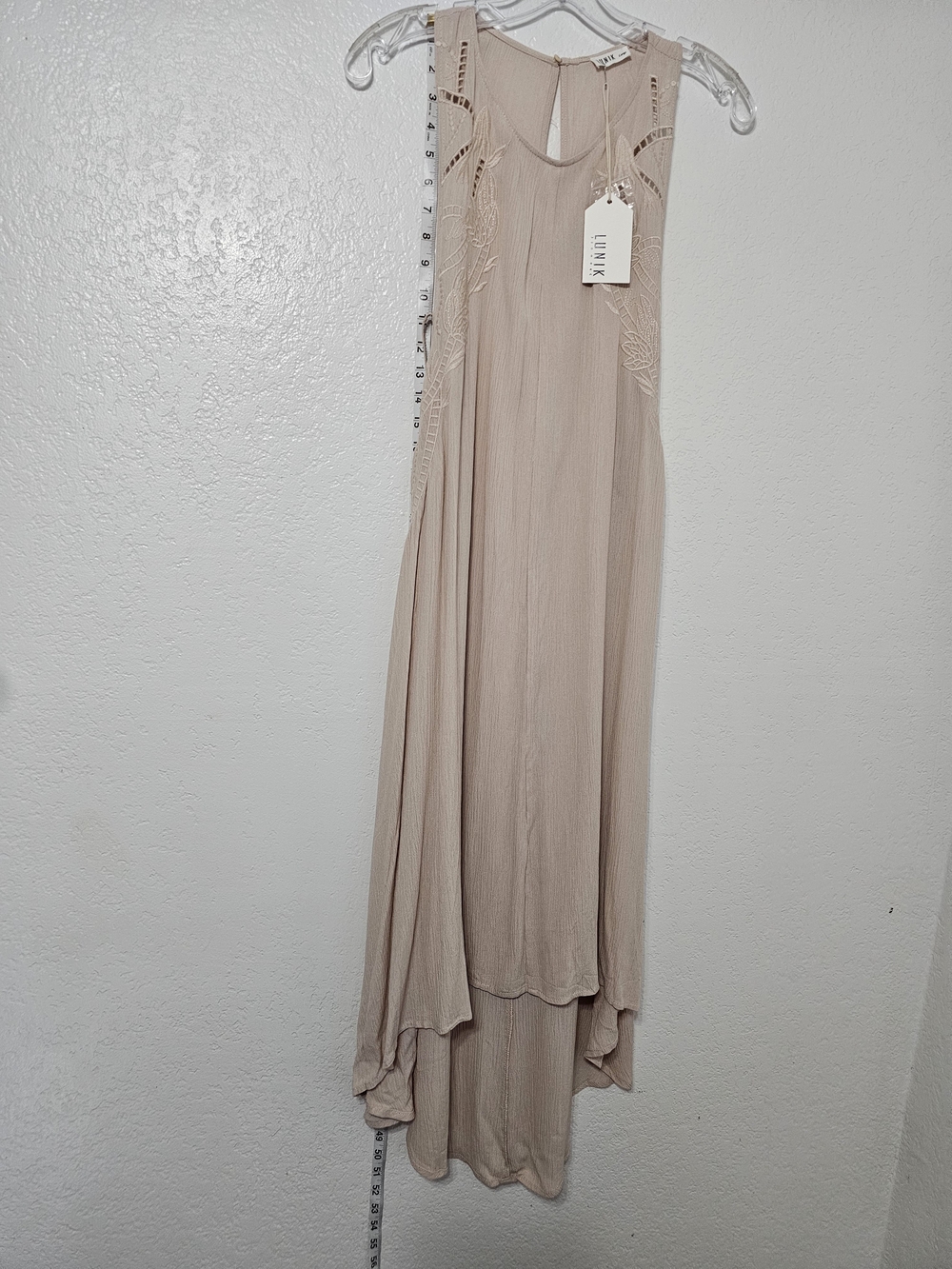 LUNIK Boho Embroidered High Low Maxi Dress Large Beige Blush Rayon Tassel Fiesta - Picture 4 of 7